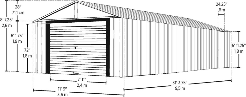 Arrow Shed 12 x 31 Murryhill Garage Galvanized Steel Extra Tall Walls Prefabricated Shed Storage Building, 12 x 31, Flute Gray