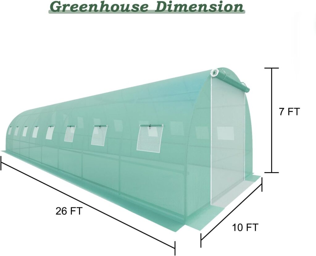 BPS 26 ft. x 10 ft. x 7 ft. Walk-in Tunnel Greenhouse Patio Greenhouse Heavy Duty Frame with 2 Roll Zipper Door 6 Roll-up Side Windows - Green