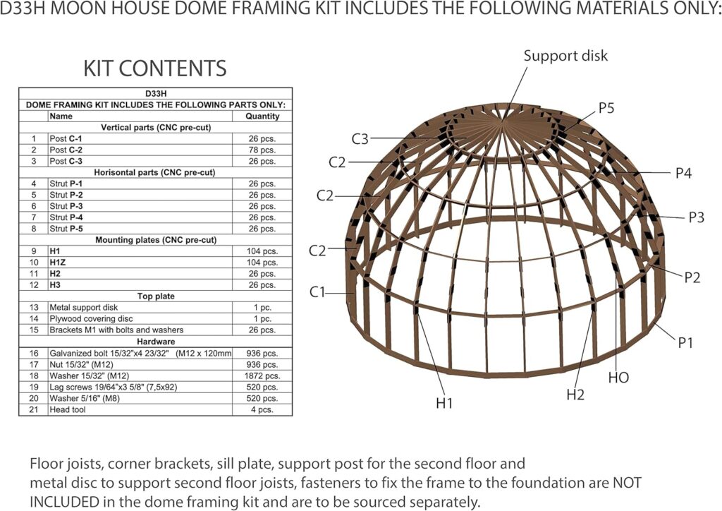 ECOHOUSEMART Moon House 33 DIAM Dome FRAMING KIT D33H-986, Dark brown