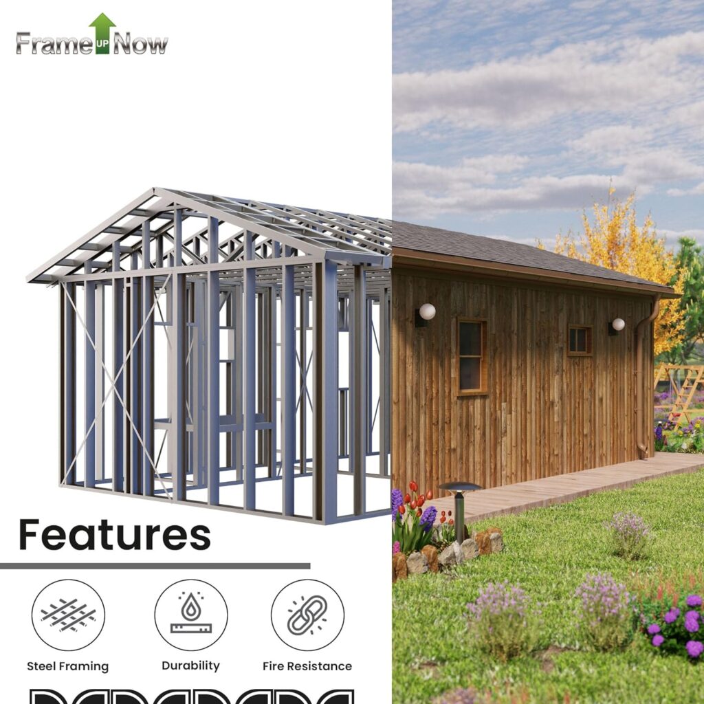 FrameUpNow Cottage 10/12-Pitch Roof Frame House Kit - Lightweight Steel Home DIY Cottage Kits - Home Design Cottage Dwelling Unit - Plan to Build a Home w/Bedroom, Walk-in Closet, Sink,  More