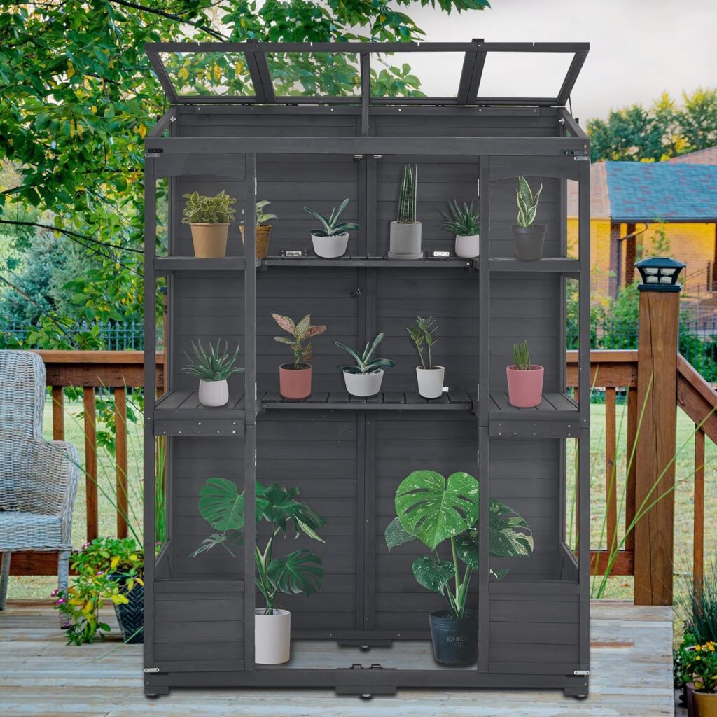 MCombo Wooden Greenhouse, Walk-in Outdoor Greenhouse with Openable Roof and Lockable Door, 0899 (Natural)