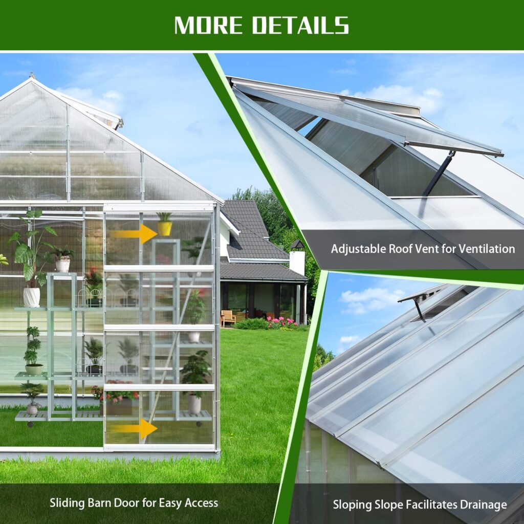 MELLCOM 10 x 10 x 10.3 Outdoor Walk-in Hobby Greenhouse for Plants, Polycarbonate Aluminum Green House with Adjustable Roof Vent and Sliding Door for Backyard Garden in Winter