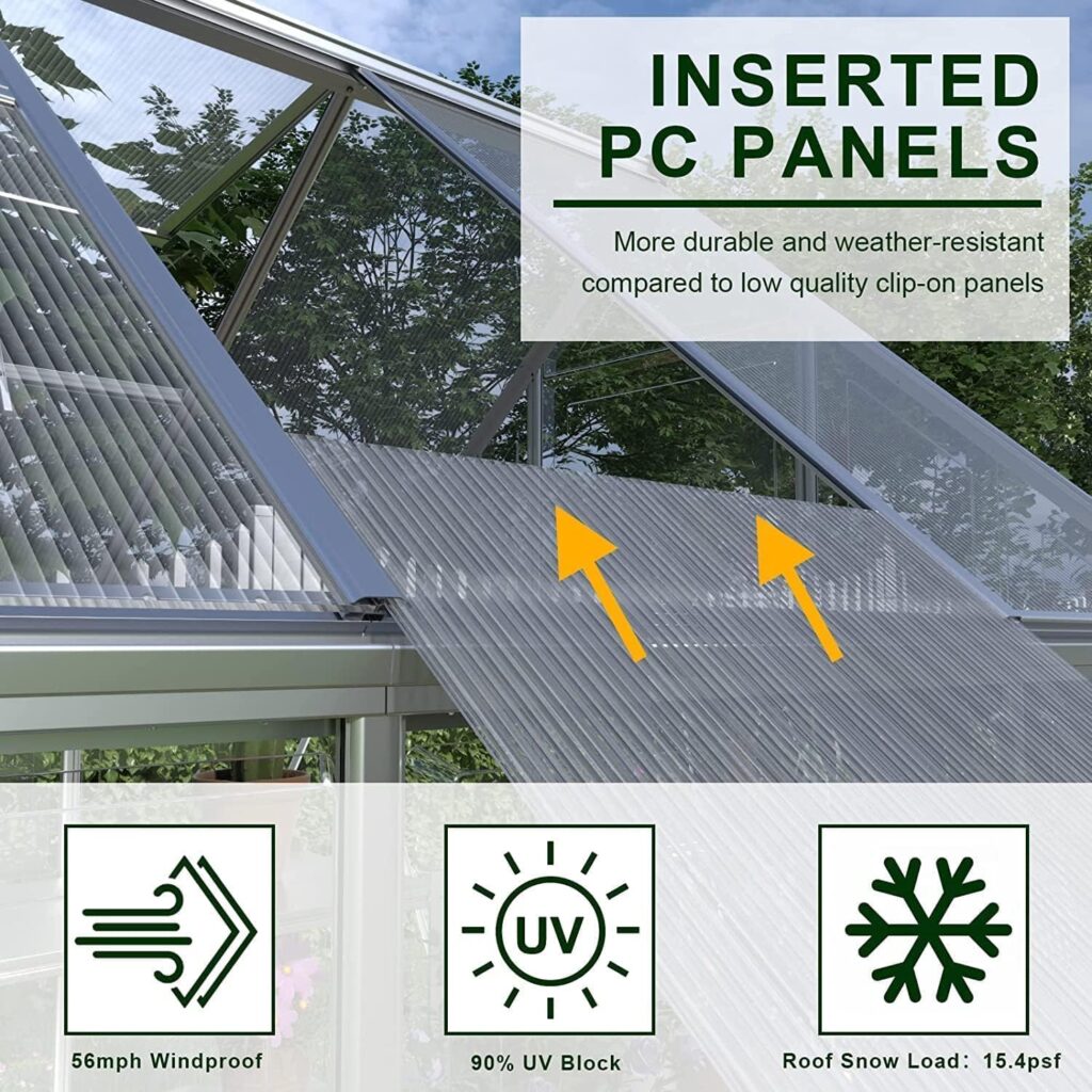 PAPAJET 6x16 FT Hybrid Polycarbonate Greenhouse with 4 Vent Window Lockable Hinged Door Walk-in Hobby Greenhouse Aluminum Sun House for Outdoor Backyard Garden, Silver