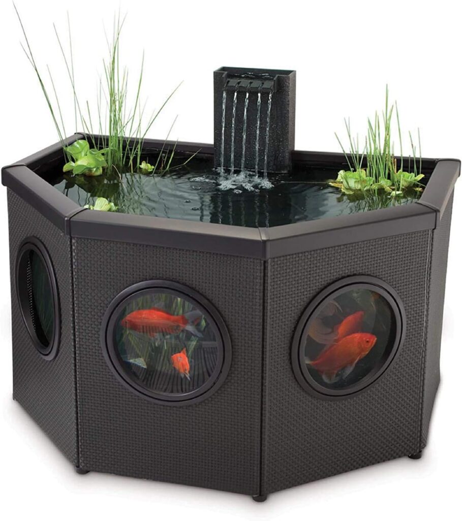 Pennington Aquagarden, Affinity Half-Moon No-Standing Pond, Water Feature Pool, Includes Inpond 5 in 1 300 Pond  Water Pump with UV Clarifier, 89 Gallon Decking Pond, Three Fountain Displays, Mocha