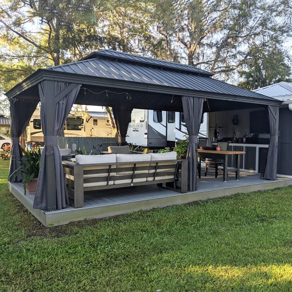 PURPLE LEAF 12 X 20 Permanent Hardtop Gazebo Aluminum Gazebo with Galvanized Steel Double Roof for Patio Lawn and Garden, Curtains and Netting Included, Grey