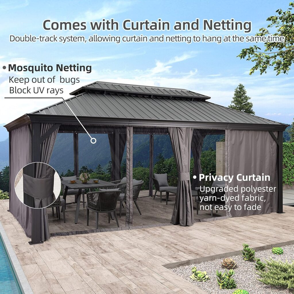 PURPLE LEAF 12 X 20 Permanent Hardtop Gazebo Aluminum Gazebo with Galvanized Steel Double Roof for Patio Lawn and Garden, Curtains and Netting Included, Grey